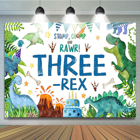 Lofaris Watercolor Green Dinosaur Three Rex Birthday Backdrop