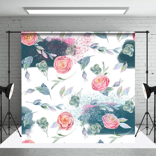 Lofaris Watercolor Green Fruit Leaves Pink Rose Backdrop