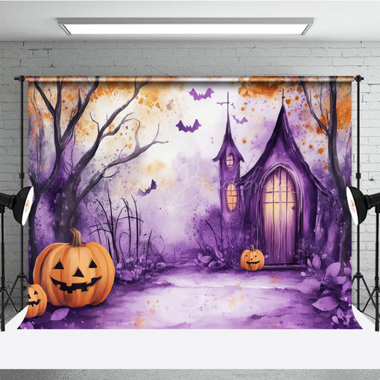 Lofaris Watercolor Halloween Photography Backdrop Purple Spooky Church and Pumpkins Whimsical Haunted Forest Scene