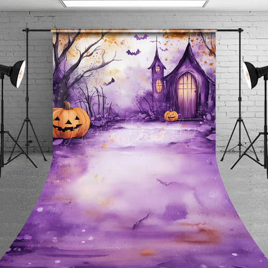 Lofaris Watercolor Halloween Sweep Backdrop Purple Spooky Church and Pumpkins Whimsical Haunted Forest Scene