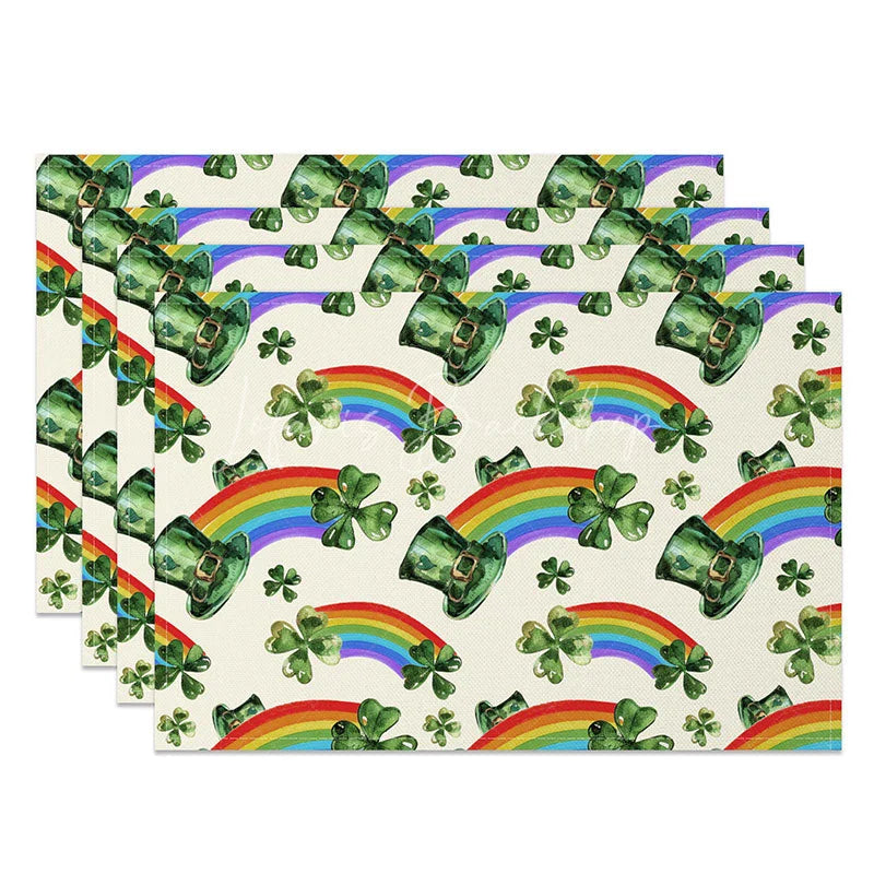 Lofaris Watercolor Leprechaun Hat Pattern Set of 4 Placemats St. Patricks Day Rainbow and Clover Table Mats