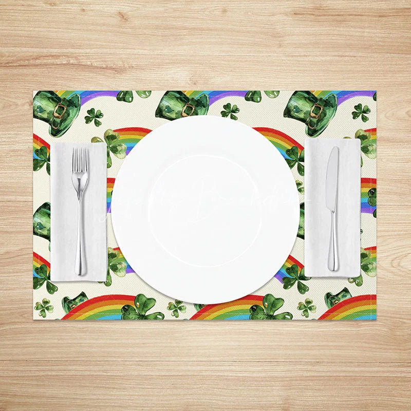 Lofaris Watercolor Leprechaun Hat Pattern Set of 4 Placemats St. Patricks Day Rainbow and Clover Table Mats