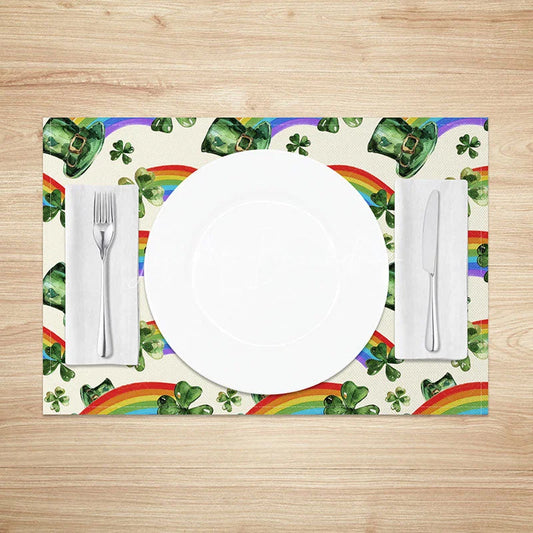 Lofaris Watercolor Leprechaun Hat Pattern Set of 4 Placemats St. Patricks Day Rainbow and Clover Table Mats
