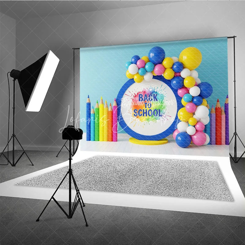 Lofaris Watercolor Paint Splash Back To School Backdrop Colored Pencils Blue Circle Balloon Background Art Photography