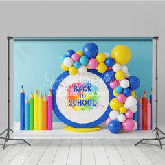 Lofaris Watercolor Paint Splash Back To School Backdrop Colored Pencils Blue Circle Balloon Background Art Photography