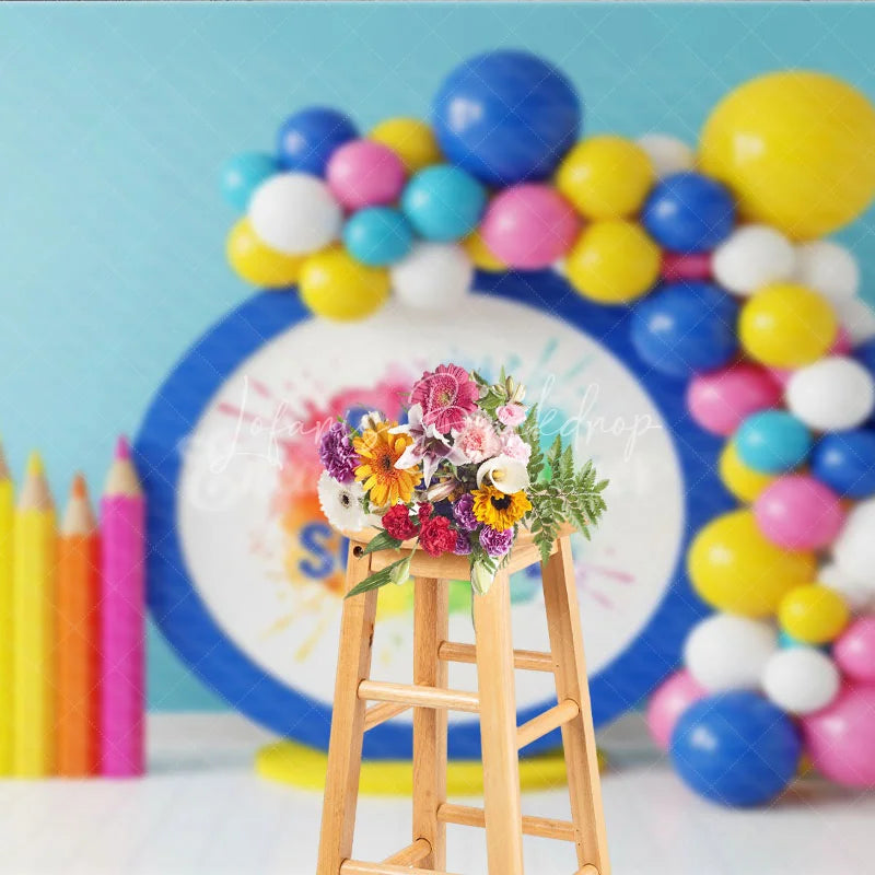 Lofaris Watercolor Paint Splash Back To School Backdrop Colored Pencils Blue Circle Balloon Background Art Photography