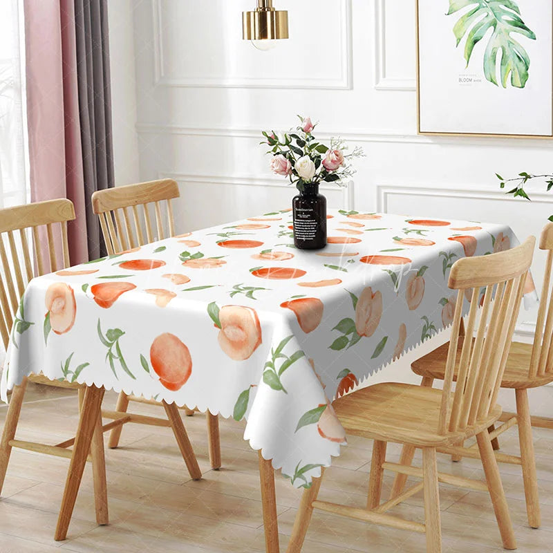 Lofaris Watercolor Peach Fruit Rectangle Tablecloth Fresh Green Leaf Dining Table Cover for Kitchen