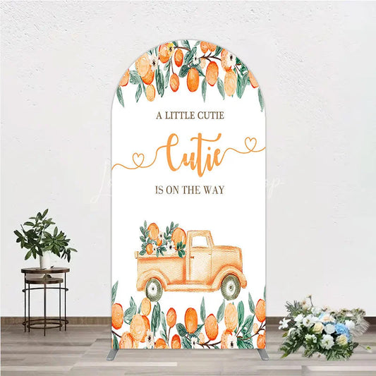 Lofaris Watercolor Peach Orange Vintage Truck Round Top Arch Backdrop A Little Cutie Is On The Way Baby Shower Decor