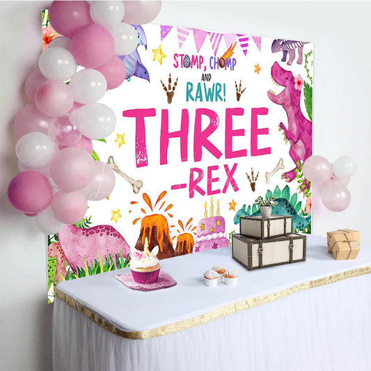 Lofaris Watercolor Pink Dinosaur Three Rex Birthday Backdrop