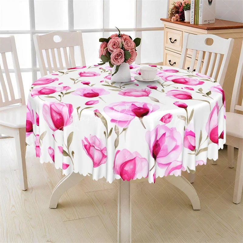 Lofaris Watercolor Pink Peony Round Tablecloth Spring Floral Flower Pattern Table Cover for Wedding