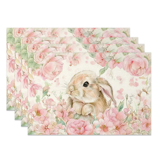 Lofaris Watercolor Pink Rose Set of 4 Placemats Easter Bunny Floral Spring Table Mats for Holiday Party