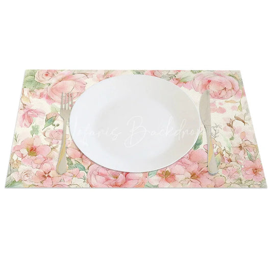 Lofaris Watercolor Pink Rose Set of 4 Placemats Easter Bunny Floral Spring Table Mats for Holiday Party