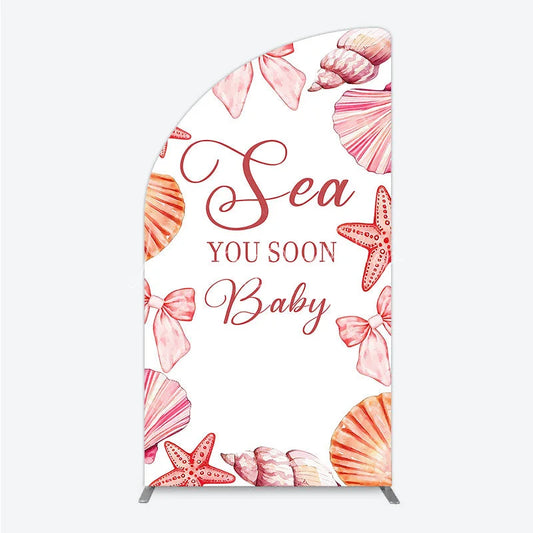 Lofaris Watercolor Pink Seashell and Starfish Half Moon Arch Backdrop Sea You Soon Baby Shower Party Decoration