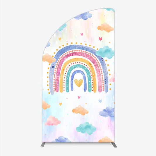 Lofaris Watercolor Rainbow Half Moon Arch Backdrop with Pastel Clouds and Heart for Baby Shower Birthday Party