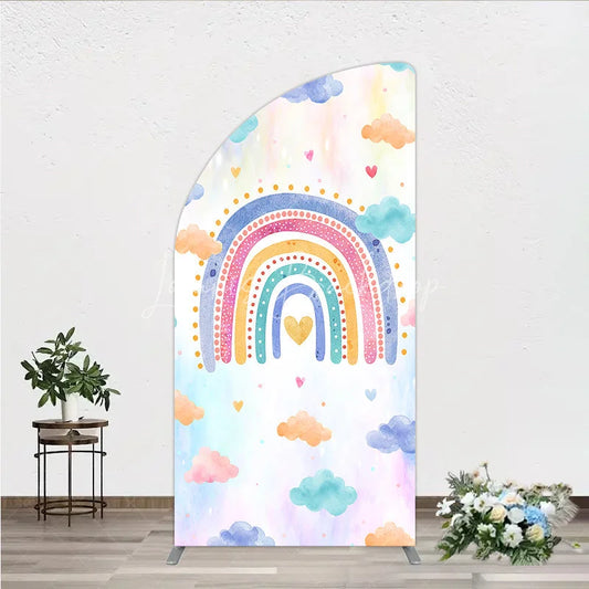 Lofaris Watercolor Rainbow Half Moon Arch Backdrop with Pastel Clouds and Heart for Baby Shower Birthday Party