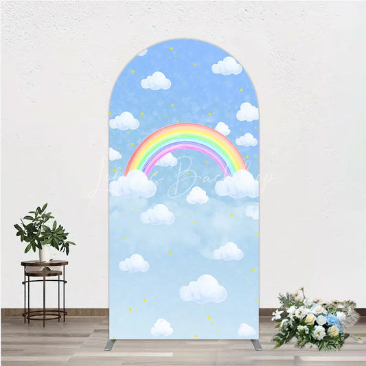 Lofaris Watercolor Rainbow in the Sky Arch Backdrop Pastel Clouds and Stars Baby Shower or Birthday Photo Booth Decor
