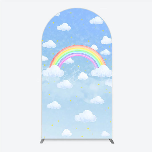 Lofaris Watercolor Rainbow in the Sky Arch Backdrop Pastel Clouds and Stars Baby Shower or Birthday Photo Booth Decor