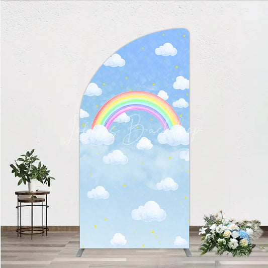 Lofaris Watercolor Rainbow in the Sky Half Moon Arch Backdrop Pastel Clouds and Stars Baby Shower or Birthday Photo Booth Decor