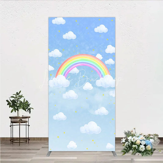 Lofaris Watercolor Rainbow in the Sky Rectangle Backdrop Pastel Clouds and Stars Baby Shower or Birthday Photo Booth Decor