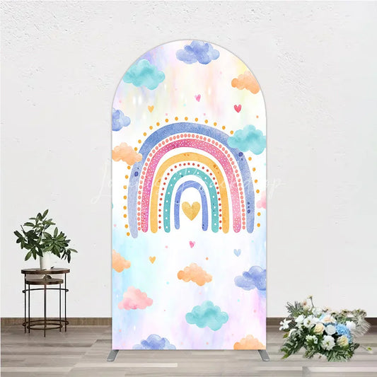 Lofaris Watercolor Rainbow with Pastel Clouds and Hearts Round Top Arch Backdrop Dreamy Baby Shower Birthday Decor