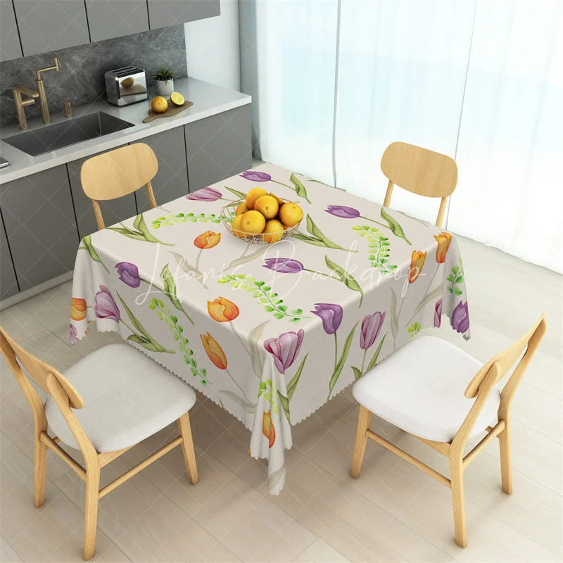 Lofaris Watercolor Spring Tulip Floral Rectangle Tablecloth Purple and Orange Flower Pattern Table Cover