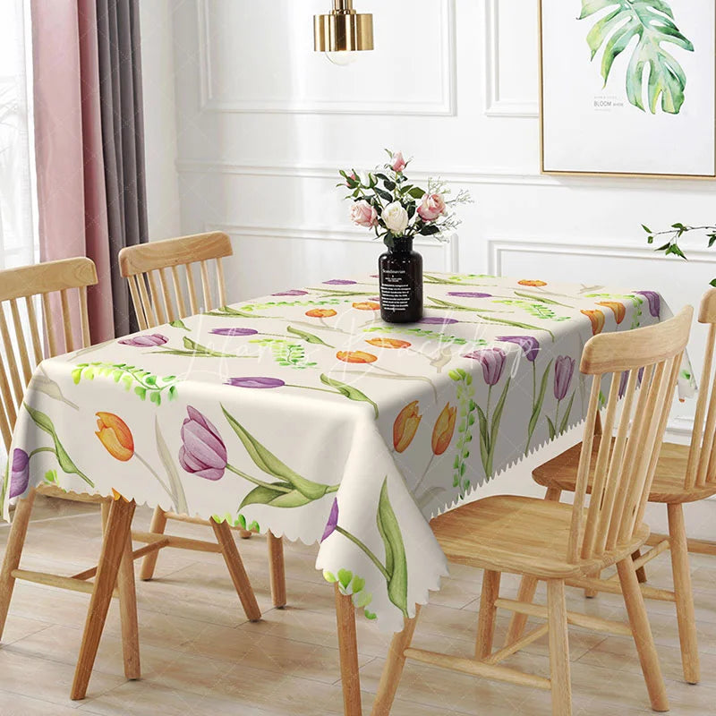 Lofaris Watercolor Tulip Floral Rectangle Tablecloth Purple Orange Flower Dining Table Cover for Spring