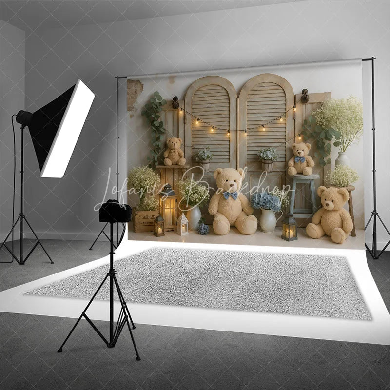 Lofaris We Can Bearly Wait Teddy Bear Photography Backdrop Rustic Shutters with Blue Hydrangeas Baby Shower Cake Smash