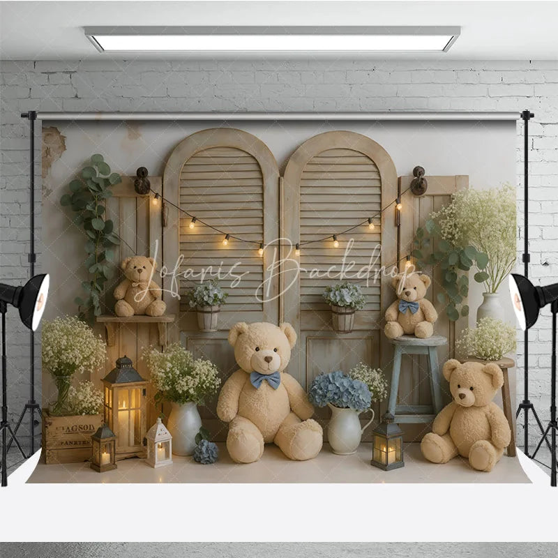 Lofaris We Can Bearly Wait Teddy Bear Photography Backdrop Rustic Shutters with Blue Hydrangeas Baby Shower Cake Smash