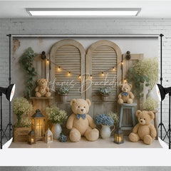 Lofaris We Can Bearly Wait Teddy Bear Photography Backdrop Rustic Shutters with Blue Hydrangeas Baby Shower Cake Smash