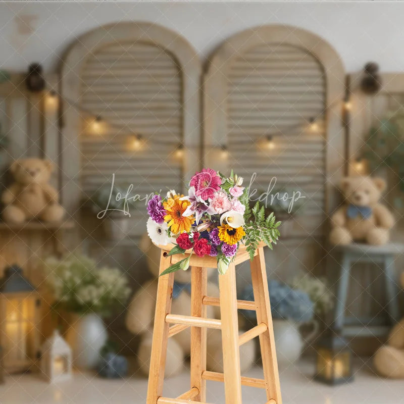 Lofaris We Can Bearly Wait Teddy Bear Photography Backdrop Rustic Shutters with Blue Hydrangeas Baby Shower Cake Smash