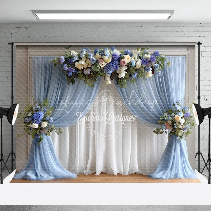 Lofaris Wedding Arch Backdrop Dusty Blue Drapes with Floral Decor Elegant Bridal Shower Photo Booth Background