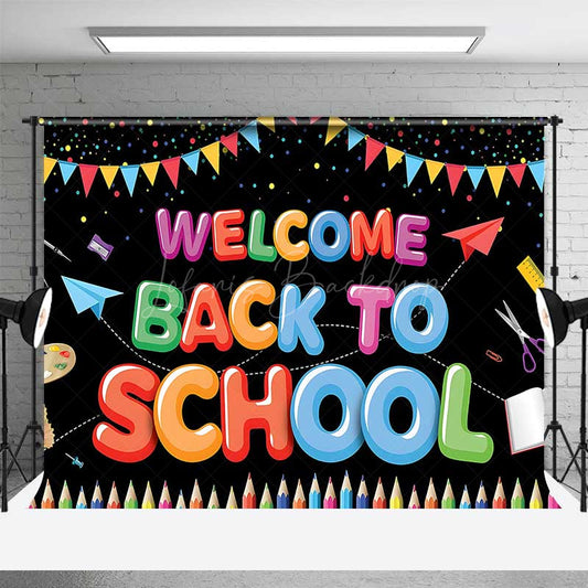 Lofaris Welcome Back To School Backdrop Banner Colorful Classroom and Supplies Decor First Day of Photo Prop