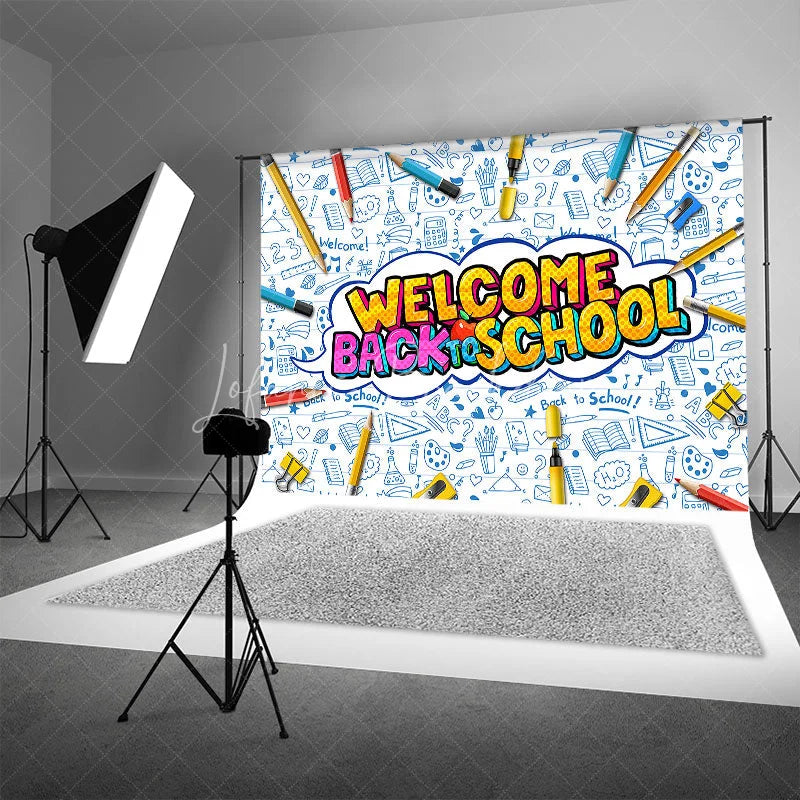 Lofaris Welcome Back to School Backdrop Vibrant Educational Supplies Photo Background for Kids First Day Party
