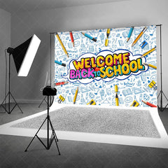 Lofaris Welcome Back to School Backdrop Vibrant Educational Supplies Photo Background for Kids First Day Party