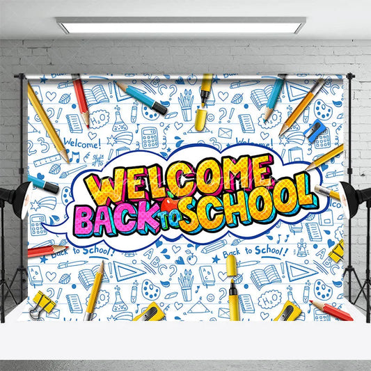 Lofaris Welcome Back to School Backdrop Vibrant Educational Supplies Photo Background for Kids First Day Party