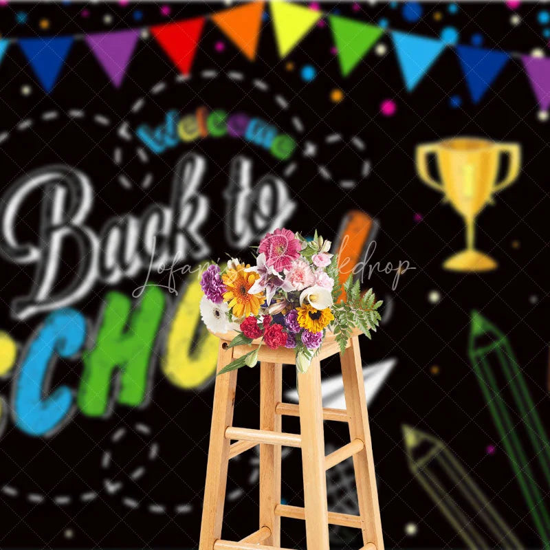 Lofaris Welcome Back to School Chalkboard Backdrop Colorful Pennants Education Party Decor Photography Background