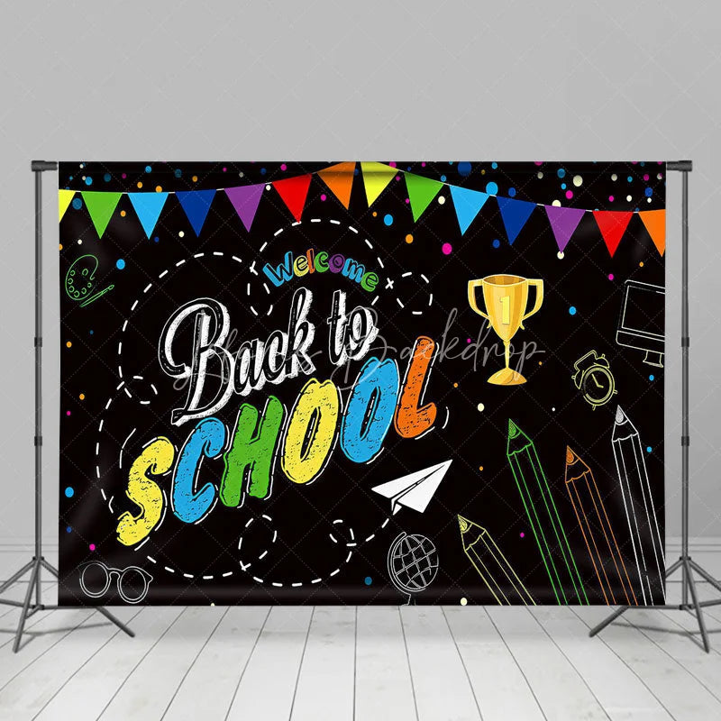 Lofaris Welcome Back to School Chalkboard Backdrop Colorful Pennants Education Party Decor Photography Background