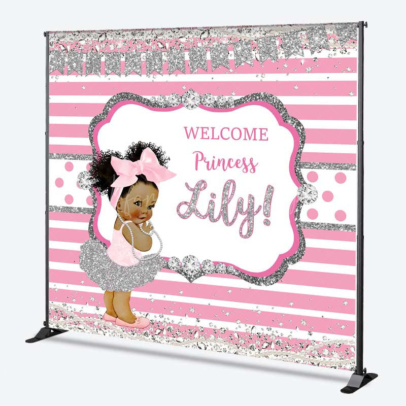 Lofaris Welcome Princess Custom Name Backdrop Pink and Silver Stripe with Diamonds Royal Baby Girl Shower Photo Prop