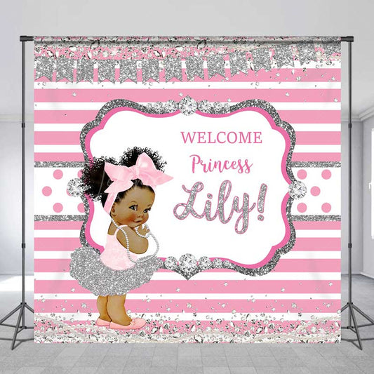 Lofaris Welcome Princess Custom Name Backdrop Pink and Silver Stripe with Diamonds Royal Baby Girl Shower Photo Prop