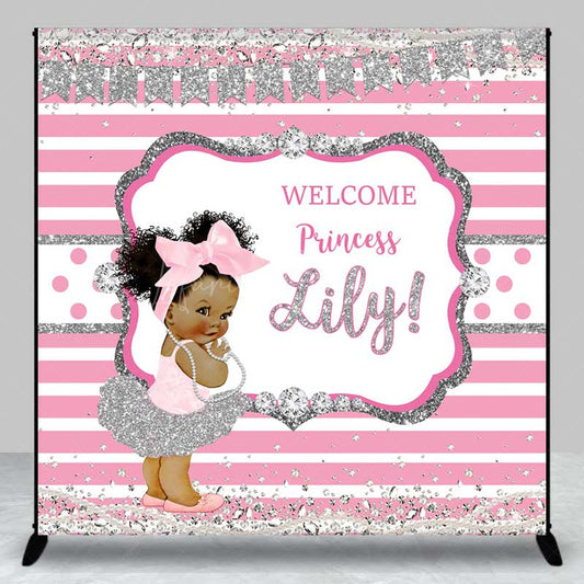 Lofaris Welcome Princess Custom Name Backdrop Pink and Silver Stripe with Diamonds Royal Baby Girl Shower Photo Prop