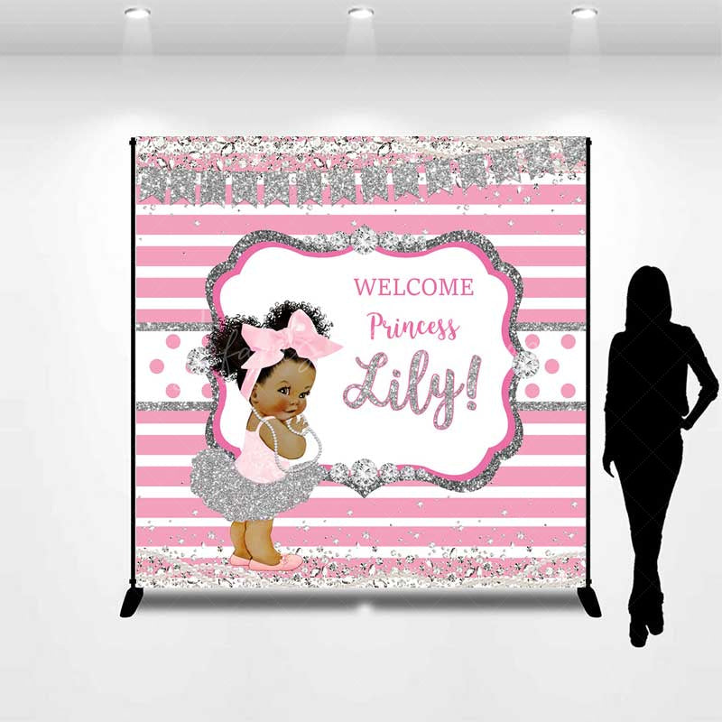 Lofaris Welcome Princess Custom Name Backdrop Pink and Silver Stripe with Diamonds Royal Baby Girl Shower Photo Prop