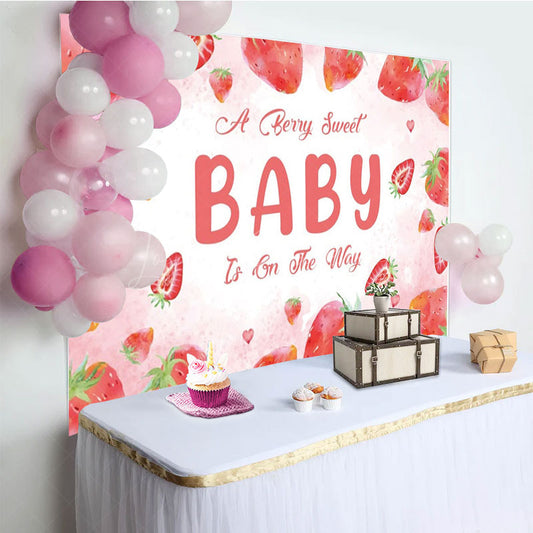 Lofaris Welcome Sweet Strawberry Girl Baby Shower Backdrop