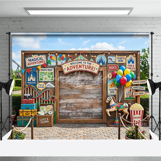 Lofaris Welcome to the Adventure Carnival Wooden Photography Backdrop with Balloons and Carousel Horse Festive Party Decor