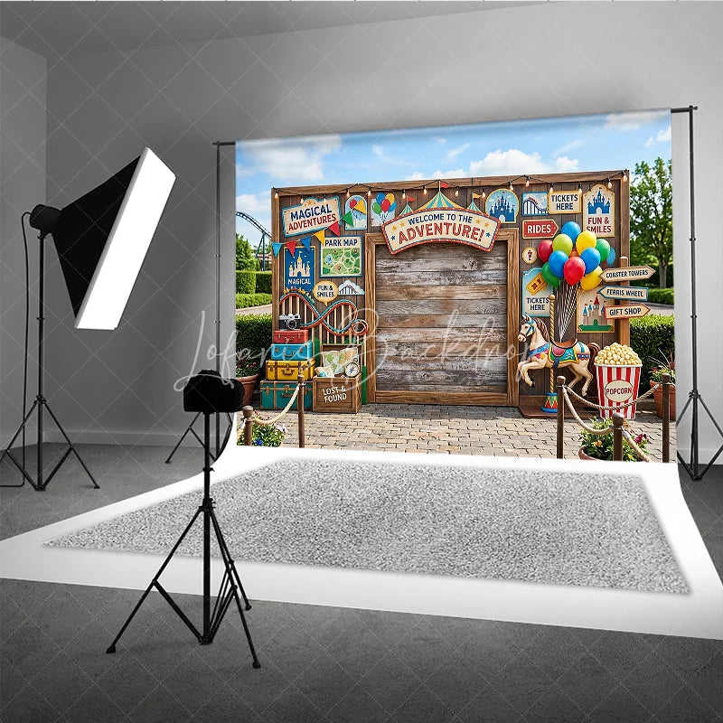 Lofaris Welcome to the Adventure Carnival Wooden Photography Backdrop with Balloons and Carousel Horse Festive Party Decor