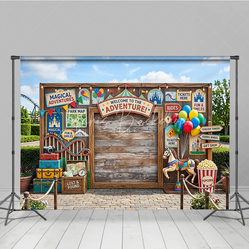 Lofaris Welcome to the Adventure Carnival Wooden Photography Backdrop with Balloons and Carousel Horse Festive Party Decor