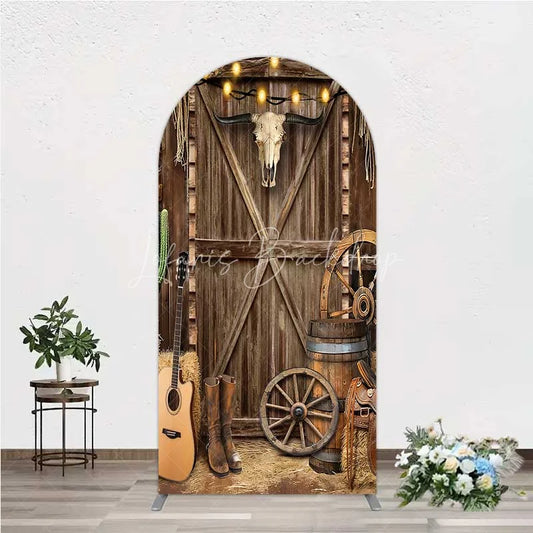 Lofaris Western Cowboy Arch Backdrop Saloon Wood Door with Bull Skull and Barrel Background Rustic Birthday Party Decor