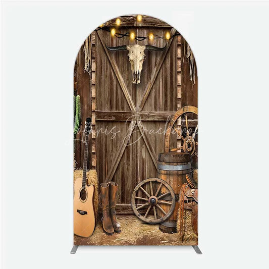 Lofaris Western Cowboy Arch Backdrop Saloon Wood Door with Bull Skull and Barrel Background Rustic Birthday Party Decor