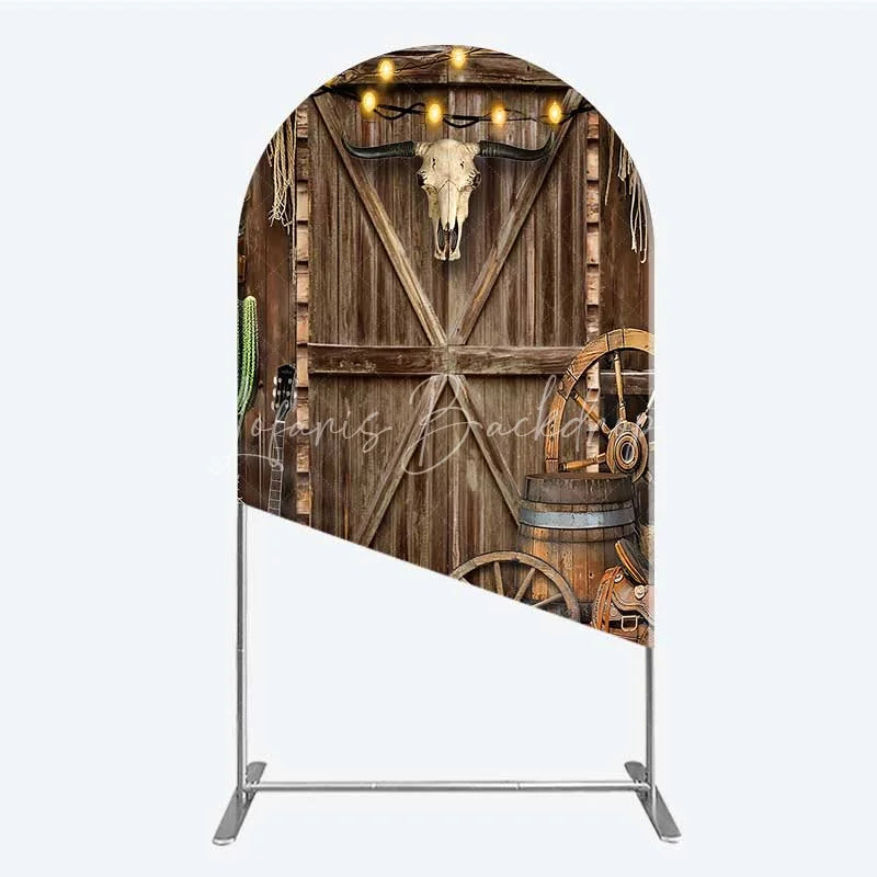 Lofaris Western Cowboy Arch Backdrop Saloon Wood Door with Bull Skull and Barrel Background Rustic Birthday Party Decor