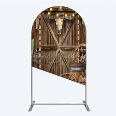Lofaris Western Cowboy Arch Backdrop Saloon Wood Door with Bull Skull and Barrel Background Rustic Birthday Party Decor