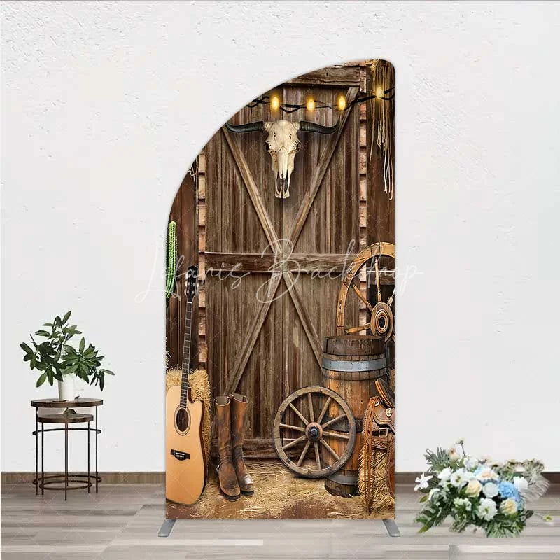 Lofaris Western Cowboy Half Moon Arch Backdrop Saloon Wood Door with Bull Skull and Barrel Background Rustic Birthday Party Decor